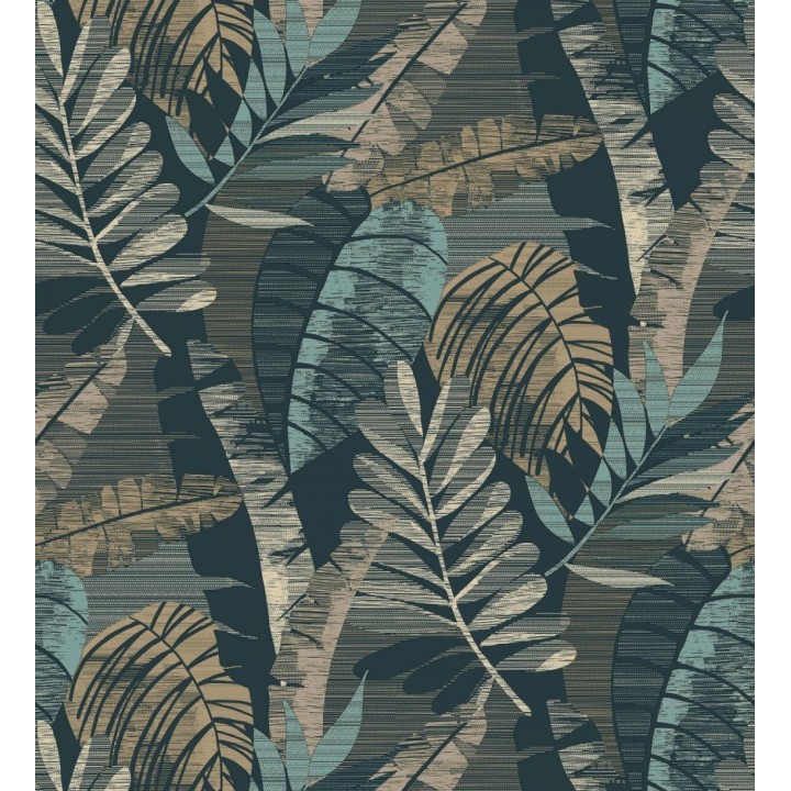 Papel pintado de hojas tropicales de colores metalizados y fondo azul petróleo - Jungle Jacquard 682820