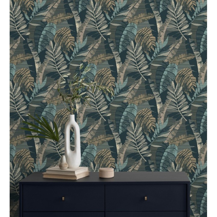 Papel pintado de hojas tropicales de colores metalizados y fondo azul petróleo - Jungle Jacquard 682820