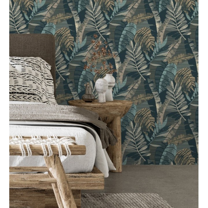 Papel pintado de hojas tropicales de colores metalizados y fondo azul petróleo - Jungle Jacquard 682820