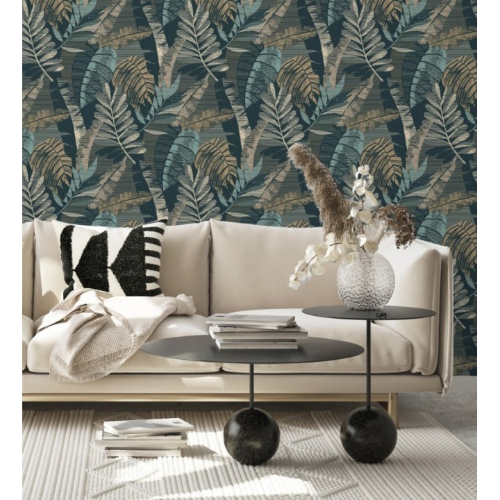 Papel pintado de hojas tropicales de colores metalizados y fondo azul petróleo - Jungle Jacquard 682820