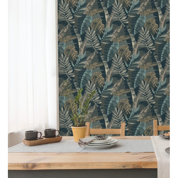 Papel pintado de hojas tropicales de colores metalizados y fondo azul petróleo - Jungle Jacquard 682820
