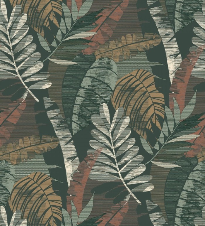 Papel pintado de hojas tropicales de colores metalizados y fondo verde oscuro - Jungle Jacquard 682821