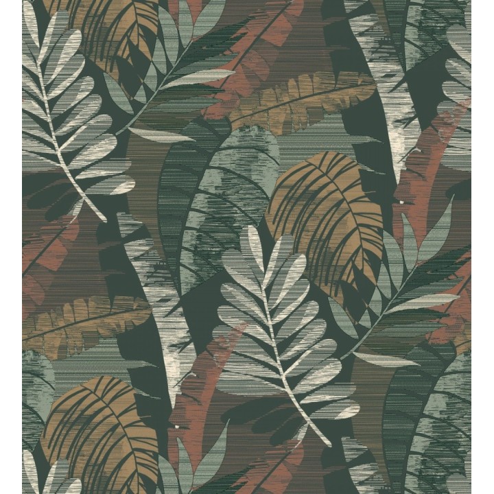 Papel pintado de hojas tropicales de colores metalizados y fondo verde oscuro - Jungle Jacquard 682821