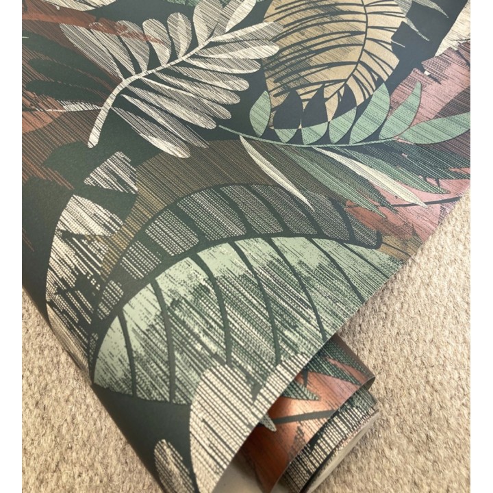 Papel pintado de hojas tropicales de colores metalizados y fondo verde oscuro - Jungle Jacquard 682821