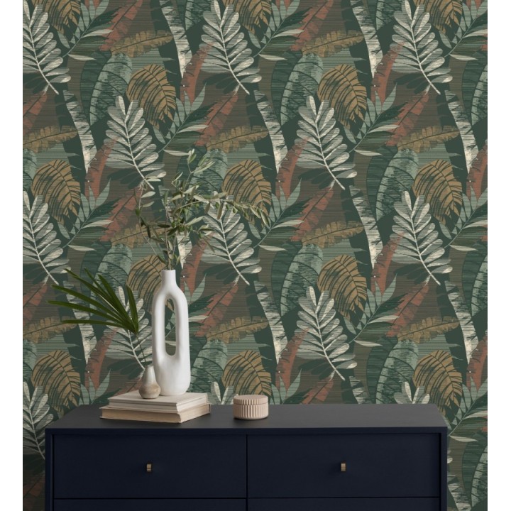 Papel pintado de hojas tropicales de colores metalizados y fondo verde oscuro - Jungle Jacquard 682821