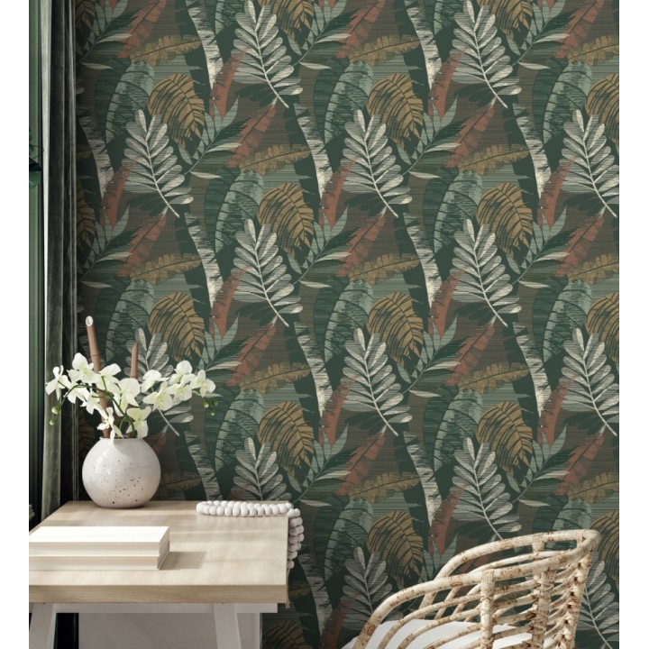 Papel pintado de hojas tropicales de colores metalizados y fondo verde oscuro - Jungle Jacquard 682821