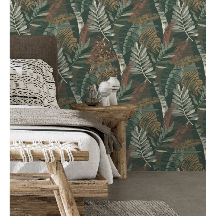 Papel pintado de hojas tropicales de colores metalizados y fondo verde oscuro - Jungle Jacquard 682821