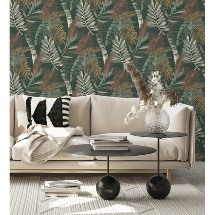Papel pintado de hojas tropicales de colores metalizados y fondo verde oscuro - Jungle Jacquard 682821