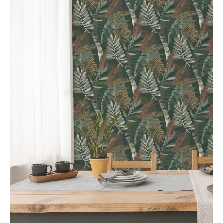 Papel pintado de hojas tropicales de colores metalizados y fondo verde oscuro - Jungle Jacquard 682821