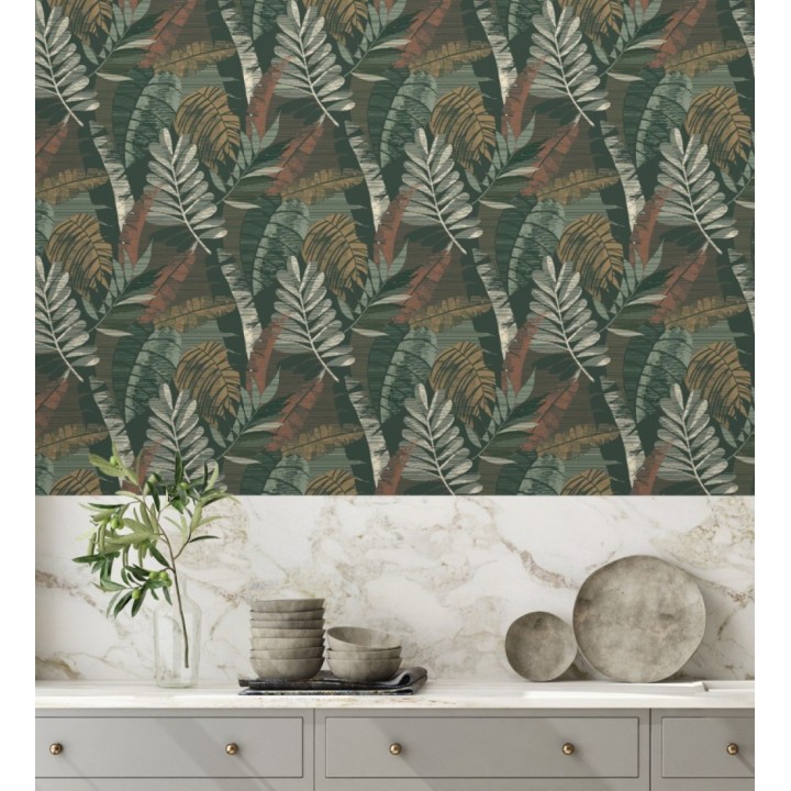 Papel pintado de hojas tropicales de colores metalizados y fondo verde oscuro - Jungle Jacquard 682821