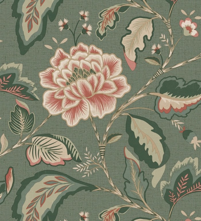 Papel pintado de flores peonía grandes color rosa coral y fondo verde - Denise Blossom 682822