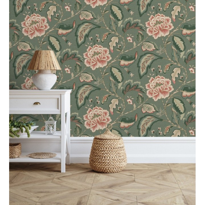 Papel pintado de flores peonía grandes color rosa coral y fondo verde - Denise Blossom 682822