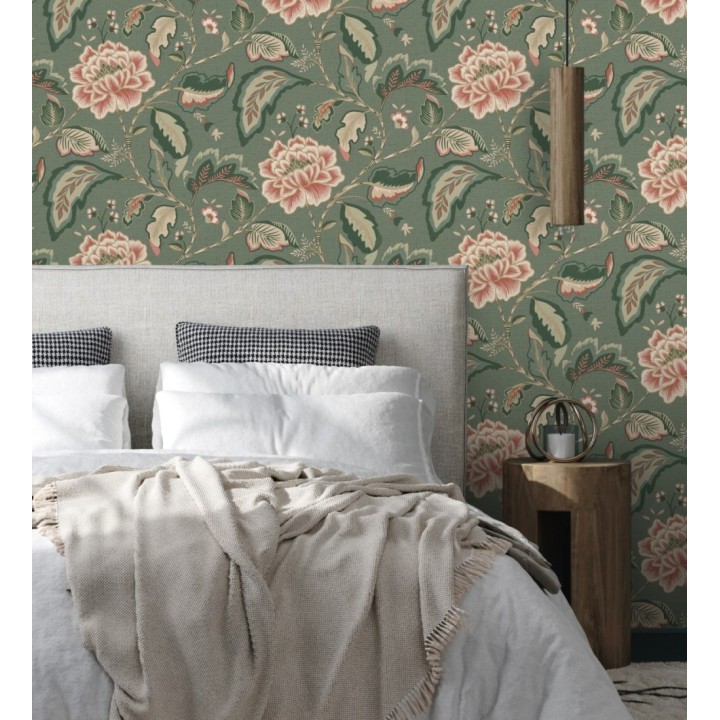 Papel pintado de flores peonía grandes color rosa coral y fondo verde - Denise Blossom 682822