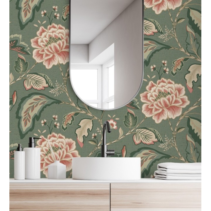 Papel pintado de flores peonía grandes color rosa coral y fondo verde - Denise Blossom 682822