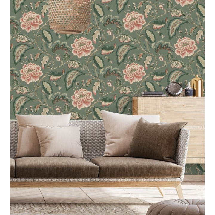 Papel pintado de flores peonía grandes color rosa coral y fondo verde - Denise Blossom 682822