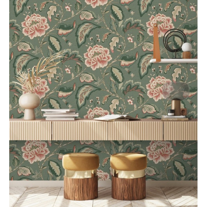 Papel pintado de flores peonía grandes color rosa coral y fondo verde - Denise Blossom 682822