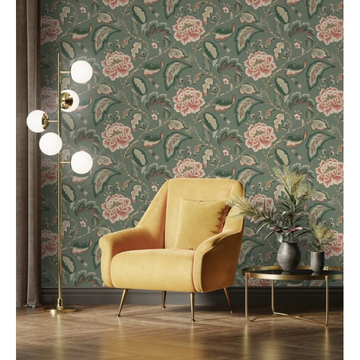 Papel pintado de flores peonía grandes color rosa coral y fondo verde - Denise Blossom 682822