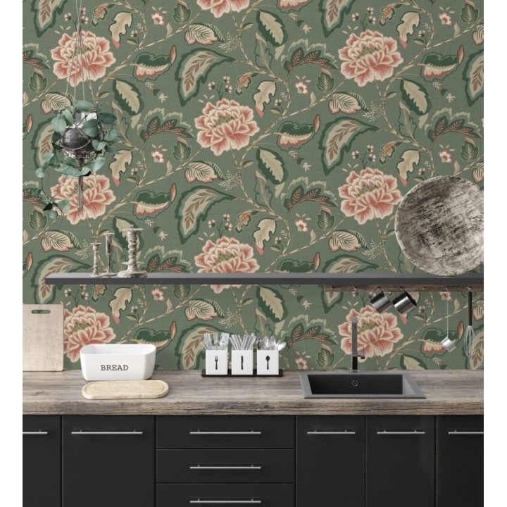Papel pintado de flores peonía grandes color rosa coral y fondo verde - Denise Blossom 682822