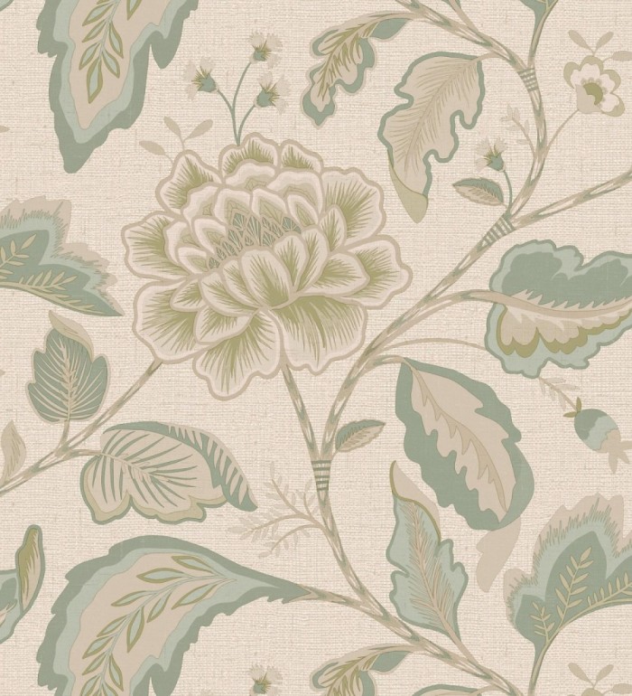 Papel pintado de flores peonía grandes color verde claro y fondo beige - Denise Blossom 682823