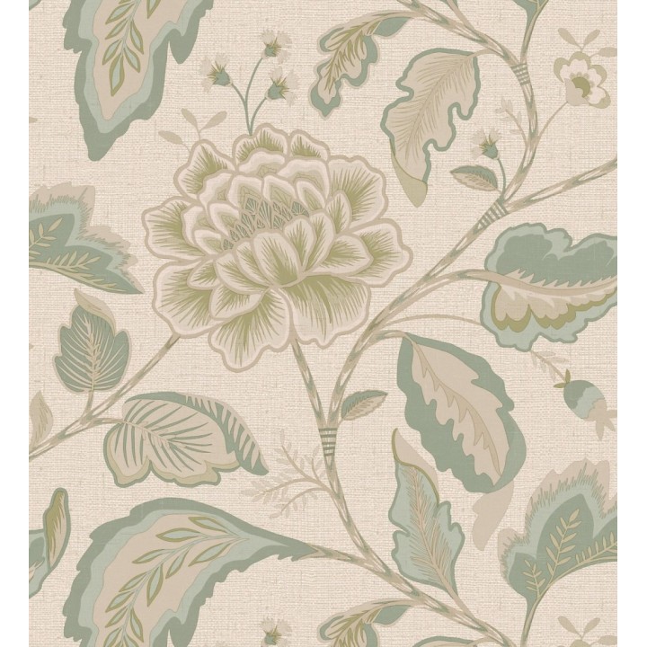 Papel pintado de flores peonía grandes color verde claro y fondo beige - Denise Blossom 682823
