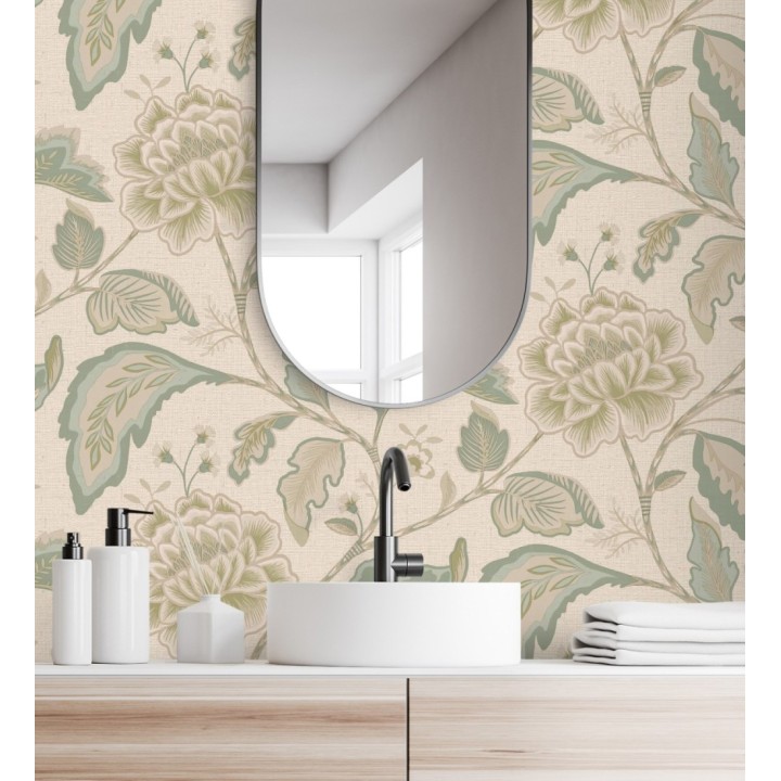 Papel pintado de flores peonía grandes color verde claro y fondo beige - Denise Blossom 682823