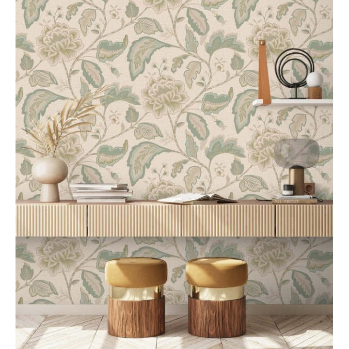 Papel pintado de flores peonía grandes color verde claro y fondo beige - Denise Blossom 682823