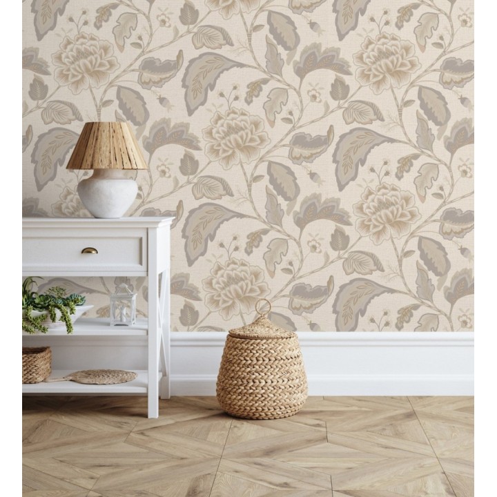 Papel pintado de flores peonía grandes color beige oscuro y fondo beige - Denise Blossom 682824