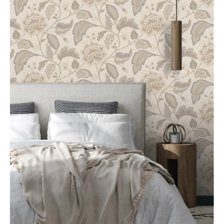 Papel pintado de flores peonía grandes color beige oscuro y fondo beige - Denise Blossom 682824