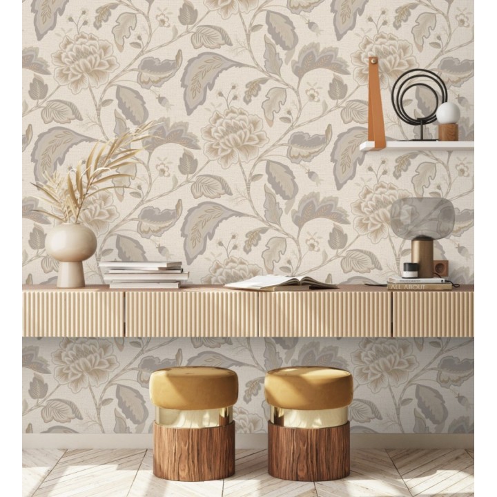 Papel pintado de flores peonía grandes color beige oscuro y fondo beige - Denise Blossom 682824