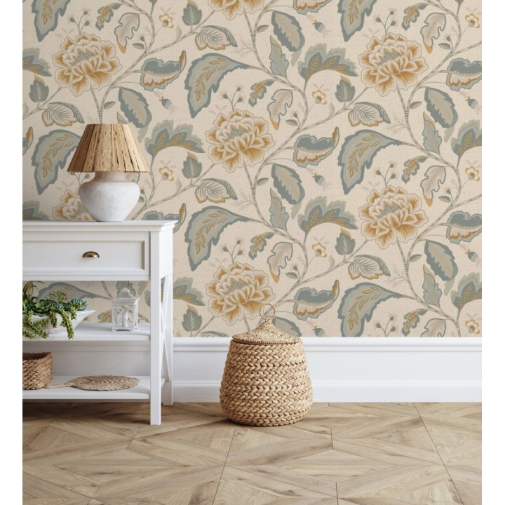 Papel pintado de flores peonía grandes color ocre y fondo beige - Denise Blossom 682825