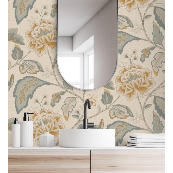 Papel pintado de flores peonía grandes color ocre y fondo beige - Denise Blossom 682825