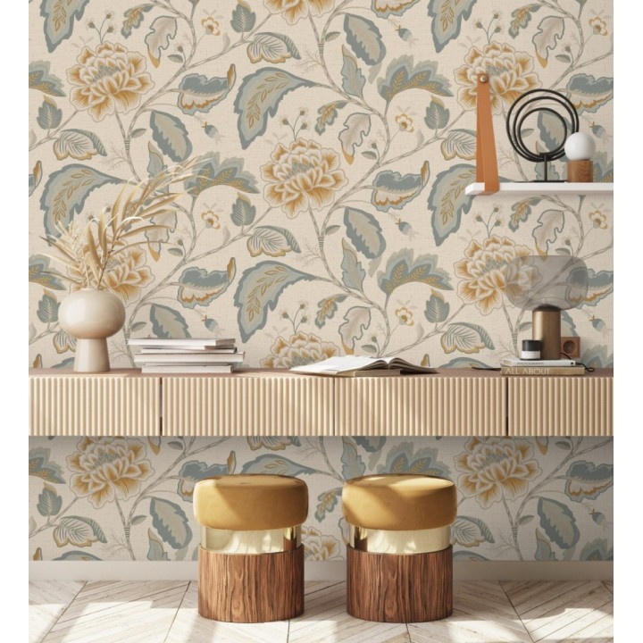 Papel pintado de flores peonía grandes color ocre y fondo beige - Denise Blossom 682825