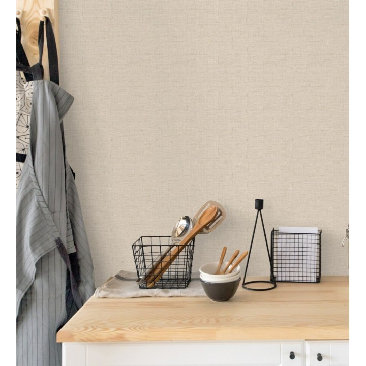 Papel pintado imitando al tejido de lino beige claro texturizado - Denise Textile 682827