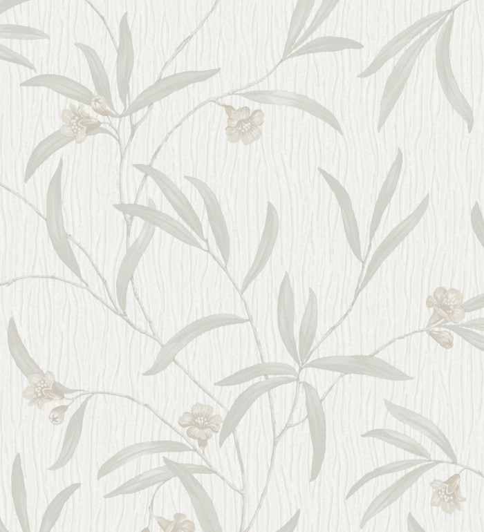 Papel pintado de flores beige y hojas gris claro en relieve con toque nacarado - Jasmine Joy 682829
