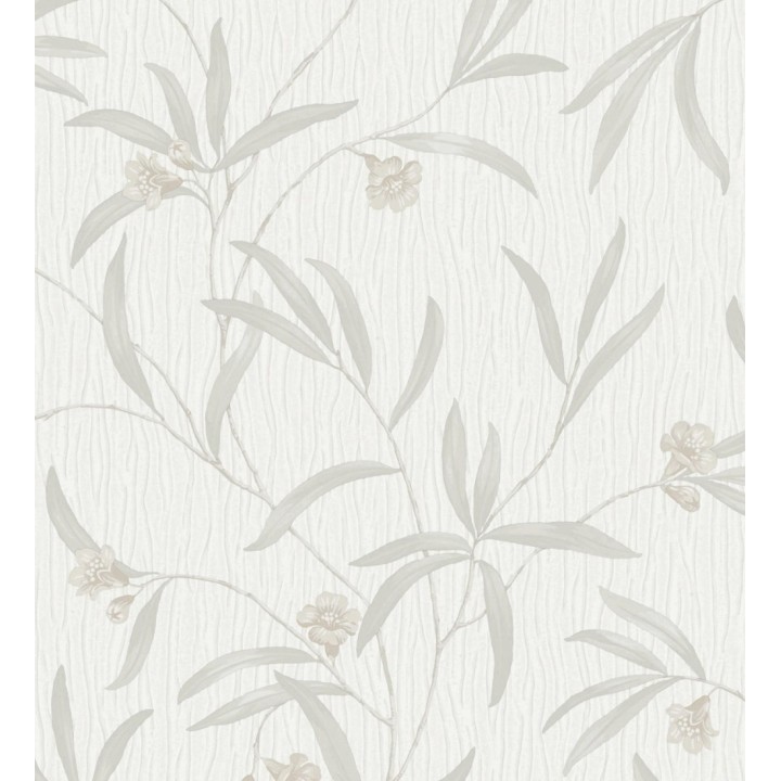 Papel pintado de flores beige y hojas gris claro en relieve con toque nacarado - Jasmine Joy 682829