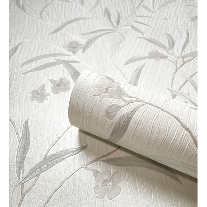 Papel pintado de flores beige y hojas gris claro en relieve con toque nacarado - Jasmine Joy 682829