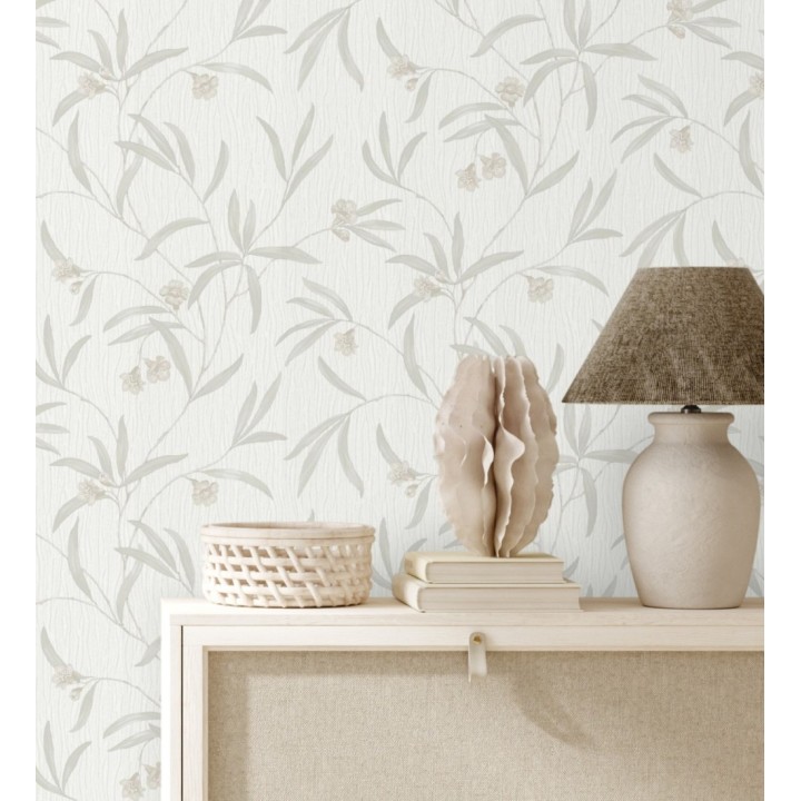 Papel pintado de flores beige y hojas gris claro en relieve con toque nacarado - Jasmine Joy 682829