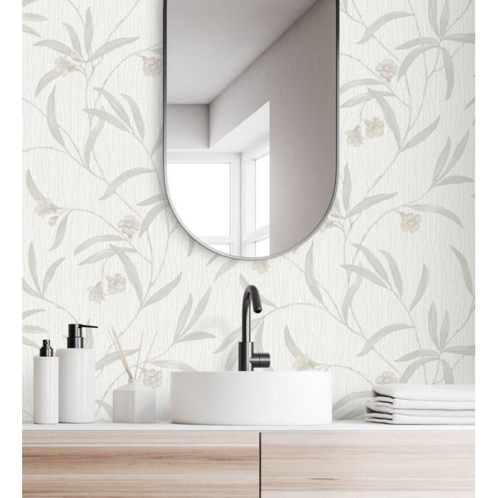 Papel pintado de flores beige y hojas gris claro en relieve con toque nacarado - Jasmine Joy 682829