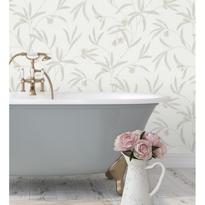 Papel pintado de flores beige y hojas gris claro en relieve con toque nacarado - Jasmine Joy 682829