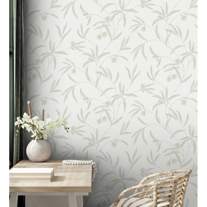 Papel pintado de flores beige y hojas gris claro en relieve con toque nacarado - Jasmine Joy 682829