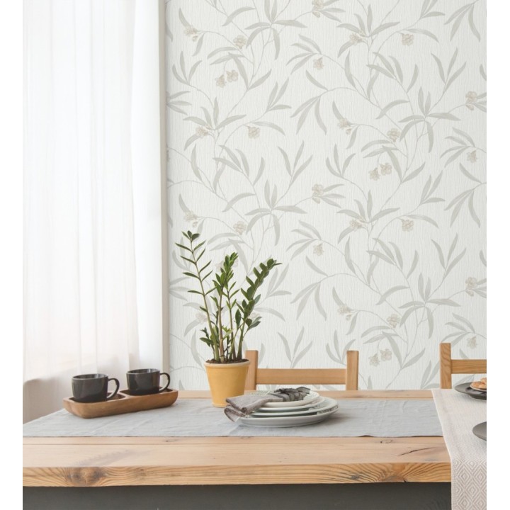 Papel pintado de flores beige y hojas gris claro en relieve con toque nacarado - Jasmine Joy 682829