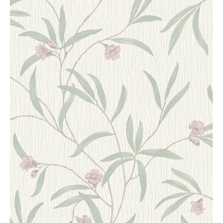 Papel pintado de flores malvas y hojas verdes en relieve con toque nacarado - Jasmine Joy 682830