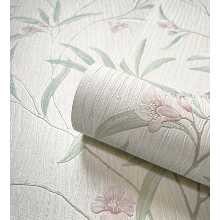 Papel pintado de flores malvas y hojas verdes en relieve con toque nacarado - Jasmine Joy 682830