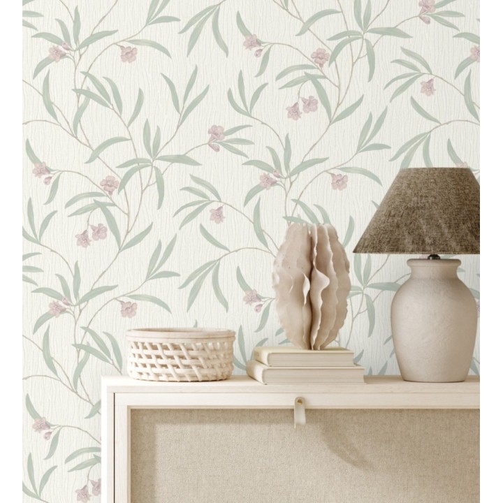 Papel pintado de flores malvas y hojas verdes en relieve con toque nacarado - Jasmine Joy 682830