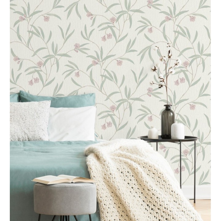 Papel pintado de flores malvas y hojas verdes en relieve con toque nacarado - Jasmine Joy 682830