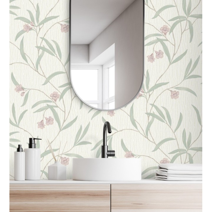 Papel pintado de flores malvas y hojas verdes en relieve con toque nacarado - Jasmine Joy 682830