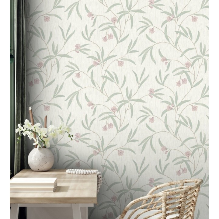 Papel pintado de flores malvas y hojas verdes en relieve con toque nacarado - Jasmine Joy 682830