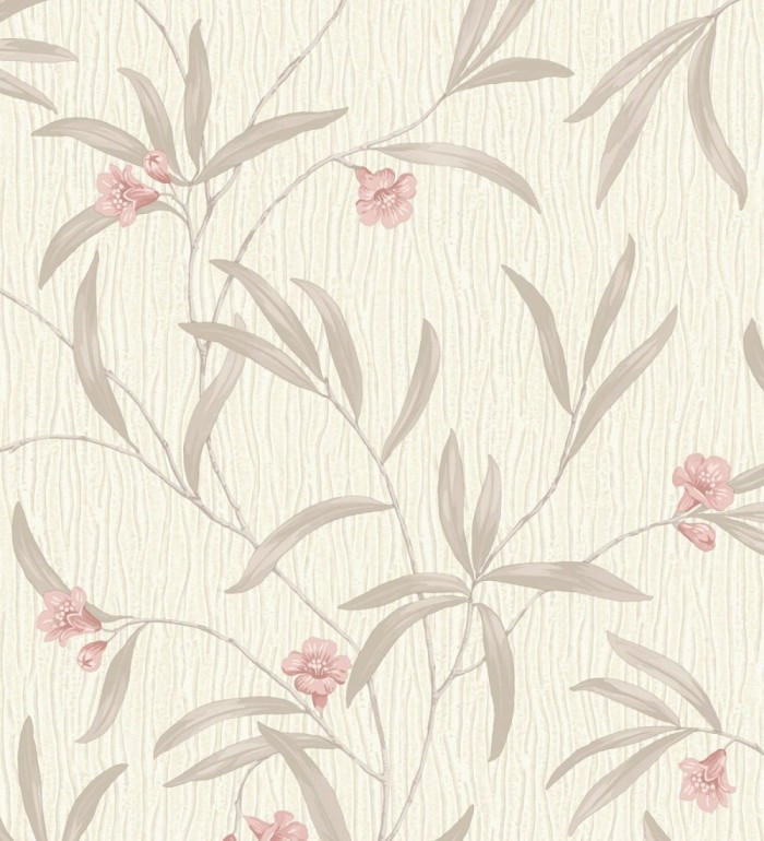Papel pintado de flores rosa coral y hojas gris topo en relieve con toque nacarado - Jasmine Joy 682831