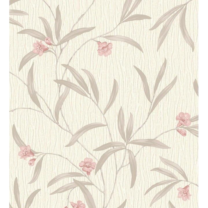 Papel pintado de flores rosa coral y hojas gris topo en relieve con toque nacarado - Jasmine Joy 682831