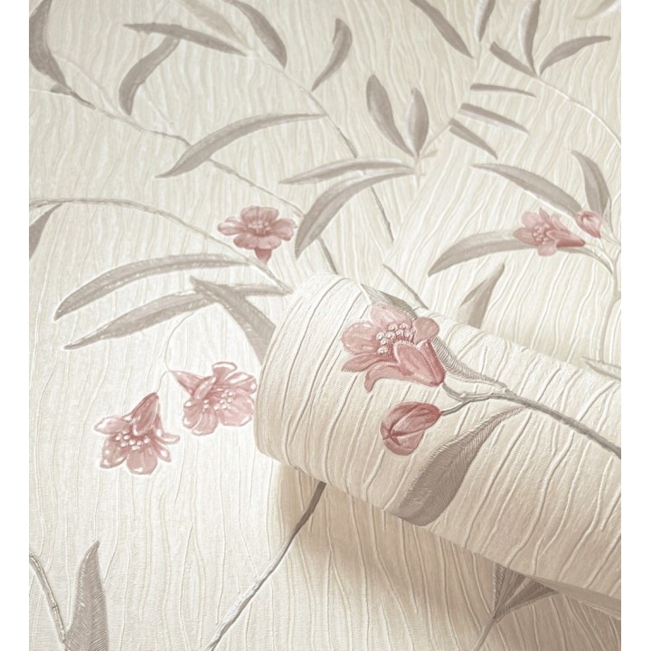 Papel pintado de flores rosa coral y hojas gris topo en relieve con toque nacarado - Jasmine Joy 682831